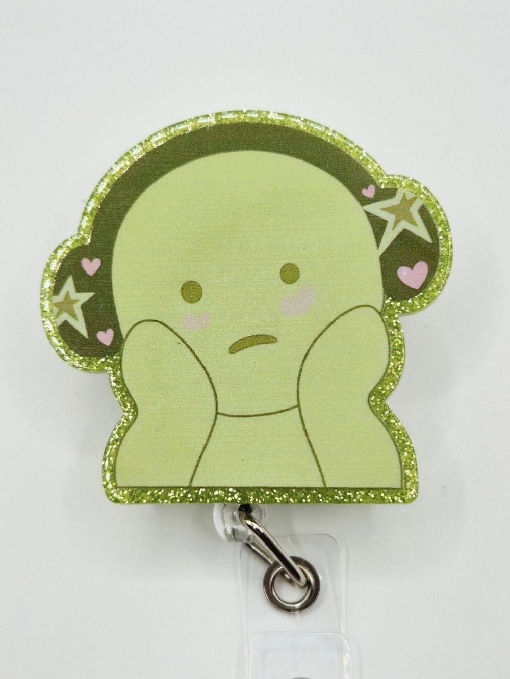 Green Smiski Glitter Cute Character Badge Reel -Belt Clip
